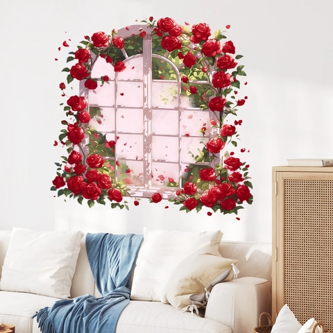 Adesivo da Parete 3D Romantico Con Rose Rosse e Finestra Decalcomania Murale in PVC Con Vista Finestra Fiorita per Soggiorno Casa
