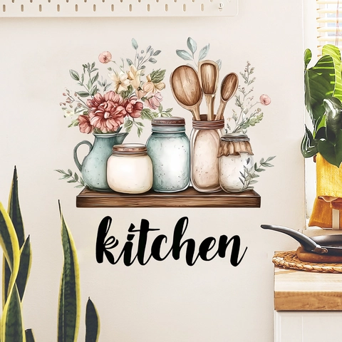 Adesivo da Parete per Cucina Acquerello PVC Autoadesivo Impermeabile per Decorazione Cucina Vasi Floreali Cucchiaio