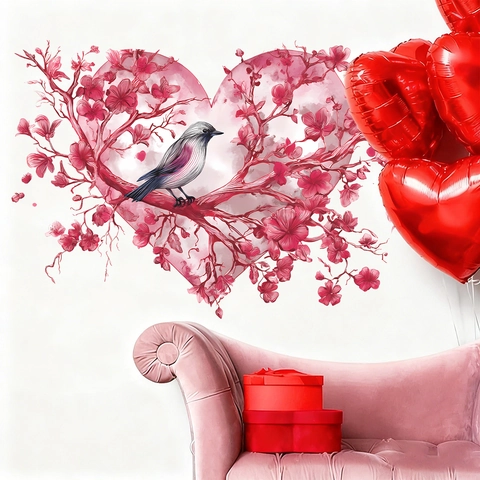 Sticker Mural Romantique Coeur Rose Branche de Cerisier Oiseau PVC Auto-adhésif Style Fille Chambre Salon Décoration