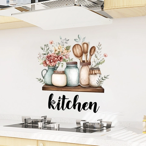 Adesivo da Parete per Cucina Acquerello PVC Autoadesivo Impermeabile per Decorazione Cucina Vasi Floreali Cucchiaio