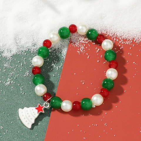Weihnachtsperlenarmband Künstliche Perlen Legierung Emaille Anhänger Elch Weihnachtsmann Baum Geschenk Damen