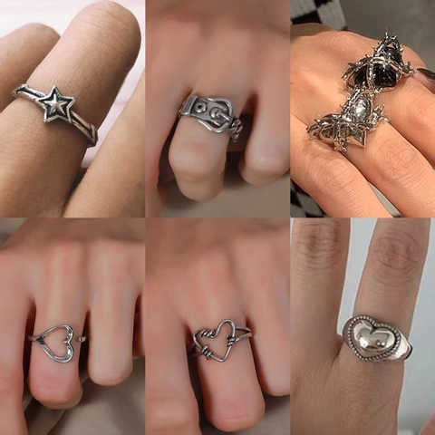 Anillo Abierto de Corazón de Espinas Punk de Aleación Vintage para Mujer Gótico Estrella Cara Sonriente Ajustable Plateado Estrás Joyería