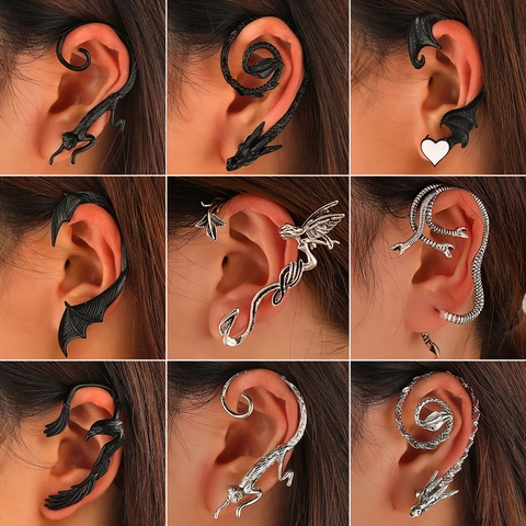 Vintage Gothic Dragon Ear Cuff For Women No Piercing Bat Wing Elf Ear Clip Punk Style Alloy Retro Jewelry Gift