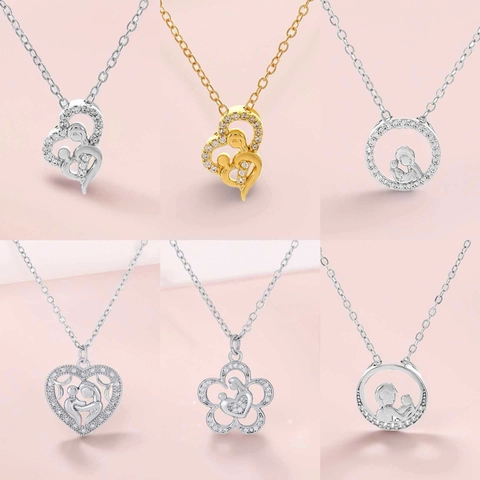 Mother's Day Copper Heart Pendant Necklace For Women Silver Gold Plated Rhinestone Mother And Child Jewelry Gift Thanksgiving