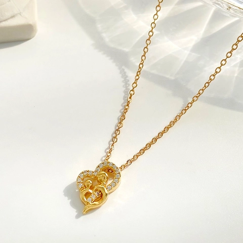 Mother's Day Copper Heart Pendant Necklace For Women Silver Gold Plated Rhinestone Mother And Child Jewelry Gift Thanksgiving