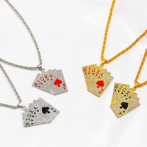 Hip Hop Alloy Rhinestone Poker Cards Pendant Necklace Creative Royal Flush Heart Spade Poker Pendant Jewelry Accessory For Men Women