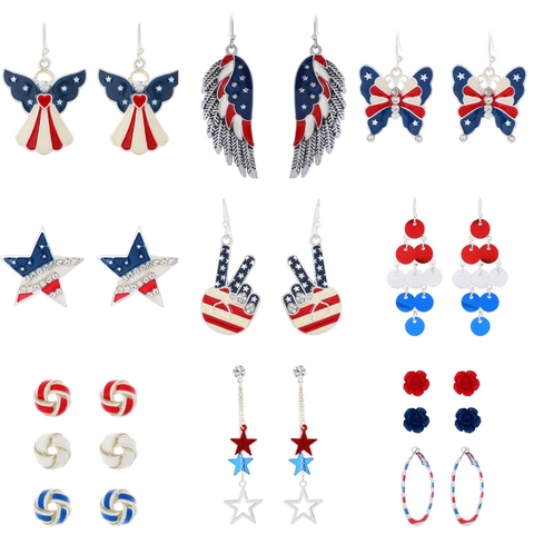 USA Independence Day Party Earrings Set Alloy Enamel Rhinestone American Flag Star Dangle Earrings For Women Fashion Jewelry