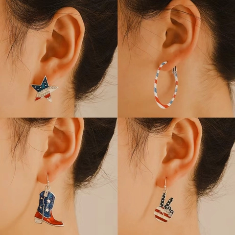 USA Independence Day Party Earrings Set Alloy Enamel Rhinestone American Flag Star Dangle Earrings For Women Fashion Jewelry