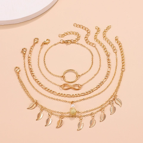 Bohemian Alloy Multi-layer Anklet Collection For Women Gold Silver Artificial Pearl Rhinestone Beach Vacation Foot Jewelry