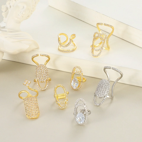 Trendy Copper Geometric Rhinestone Nail Ring For Women Gold Silver Electroplated Open Adjustable Fingertip Fashion Finger Jewelry