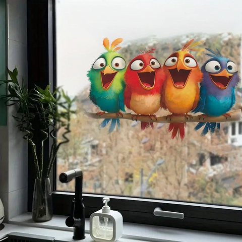 Cartoon Colorful Birds On Branch Wall Stickers PVC Waterproof Removable Decals For Home Bathroom Entrance Glass Decoration