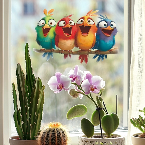 Cartoon Colorful Birds On Branch Wall Stickers PVC Waterproof Removable Decals For Home Bathroom Entrance Glass Decoration
