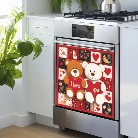 Valentine's Day Teddy Bear Couple Dishwasher Sticker Red Patchwork Heart I Love You Kitchen Fridge Decorative PVC Decal