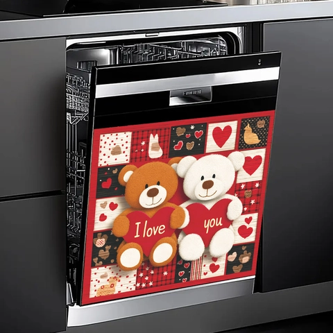 Valentine's Day Teddy Bear Couple Dishwasher Sticker Red Patchwork Heart I Love You Kitchen Fridge Decorative PVC Decal