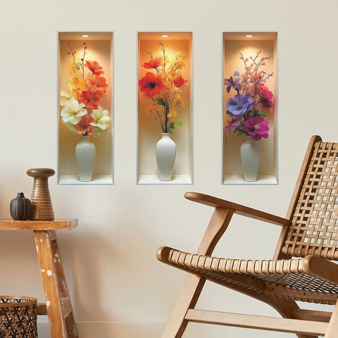 Simulation Flower Vase Wall Stickers PVC Self Adhesive 3D Floral Mural Set For Living Room Dining Room Home Wall Decor