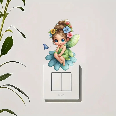 Adesivo da Parete Cartoon Fata Fiore Farfalla per Cameretta Bambini Removibile PVC Adesivo per Interruttore Luce Decorazione