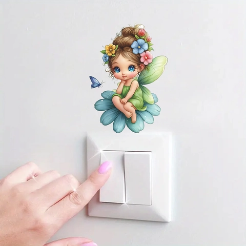 Adesivo da Parete Cartoon Fata Fiore Farfalla per Cameretta Bambini Removibile PVC Adesivo per Interruttore Luce Decorazione