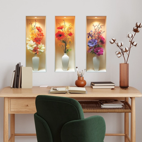 Simulation Flower Vase Wall Stickers PVC Self Adhesive 3D Floral Mural Set For Living Room Dining Room Home Wall Decor