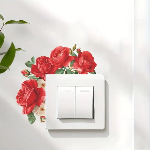 Romantic Red Rose Switch Sticker Removable Self Adhesive PVC Wall Decal For Socket Border Decoration Bedroom Living Room Home Floral Decor