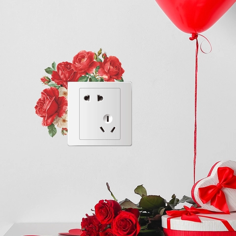 Romantic Red Rose Switch Sticker Removable Self Adhesive PVC Wall Decal For Socket Border Decoration Bedroom Living Room Home Floral Decor