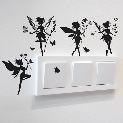 Adesivi Murali Silhouette di Fata del Fumetto Adesivi per Interruttori Farfalla Fiore Neri Adesivi Decorativi in ​​PVC Casa