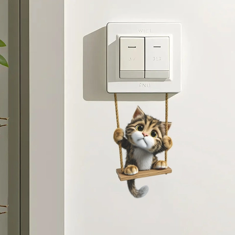 Pegatina de Pared Gato 3D en Columpio Lindo Animal de PVC para Habitación de Niños Dormitorio Decoración de Interruptor de Luz