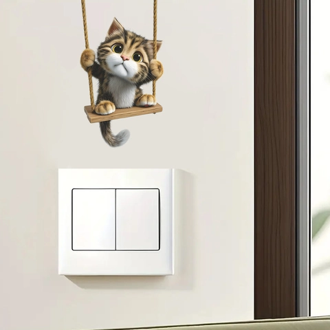 Pegatina de Pared Gato 3D en Columpio Lindo Animal de PVC para Habitación de Niños Dormitorio Decoración de Interruptor de Luz