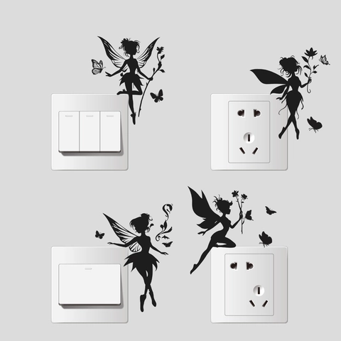 Adesivi Murali Silhouette di Fata del Fumetto Adesivi per Interruttori Farfalla Fiore Neri Adesivi Decorativi in ​​PVC Casa