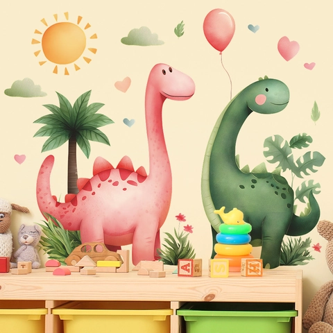 Cartoon Dinosaur Wall Stickers For Kids Room Cute Pink Green PVC Removable Watercolor Nursery Background Decoration