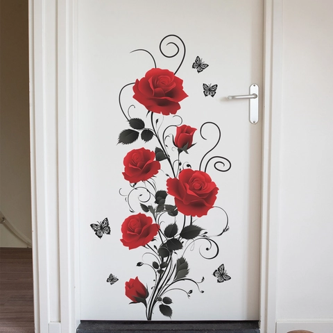 Adesivo da Parete a Vite di Fiori Rosa Rossa PVC Autoadesivo Farfalla Decoro Floreale Per Bagno Soggiorno Camera da Letto