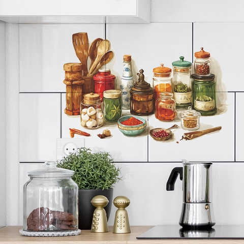 Kitchen Wall Stickers Vintage Hand Drawn Seasoning Jars Spices Pattern PVC Decorative Decals For Restaurant Dining Room Home