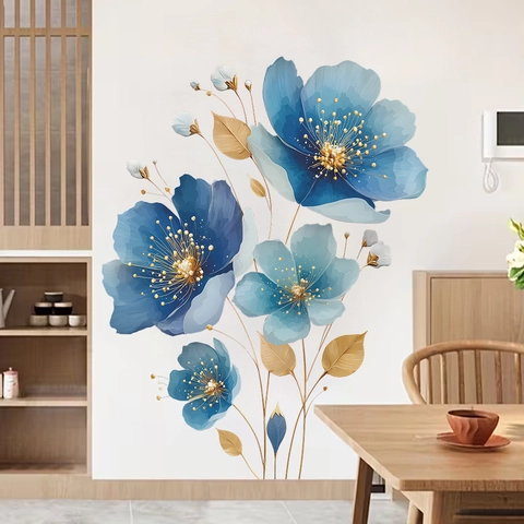 Stickers Muraux Fleurs Bleues Aquarelle Dorée PVC Imperméable Autocollant Décalcomanies Florales pour Déco Salon