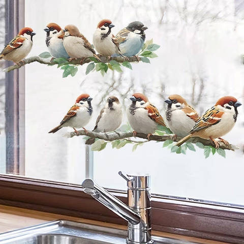 Removable PVC Painted Sparrow Bird On Branch Wall Sticker Realistic Watercolor Window Glass Decal For Home Kitchen Decor