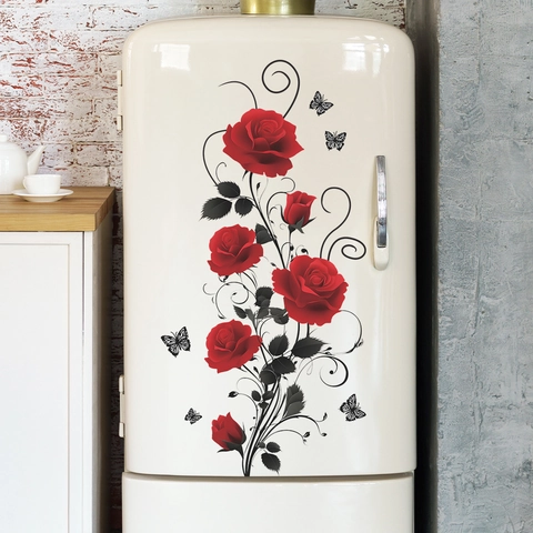 Adesivo da Parete a Vite di Fiori Rosa Rossa PVC Autoadesivo Farfalla Decoro Floreale Per Bagno Soggiorno Camera da Letto