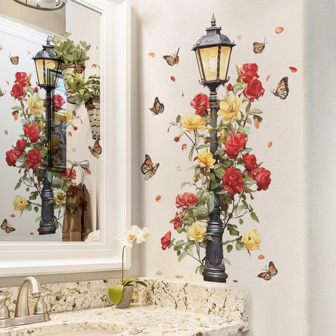Pegatina de Pared Retro Farola Rosa Mariposa PVC Impermeable Autoadhesivo Calcomanía Para Sala de Estar Dormitorio Decoración
