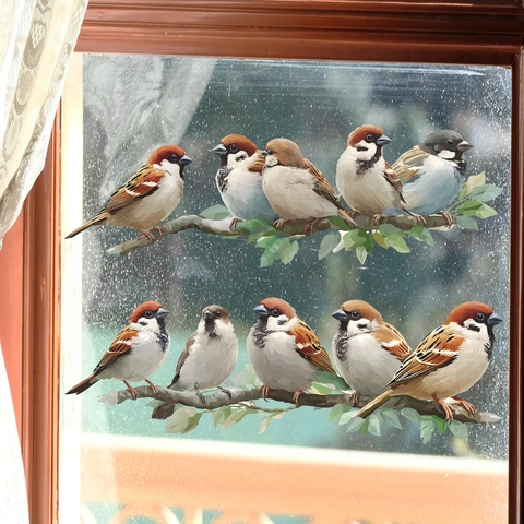 Removable PVC Painted Sparrow Bird On Branch Wall Sticker Realistic Watercolor Window Glass Decal For Home Kitchen Decor