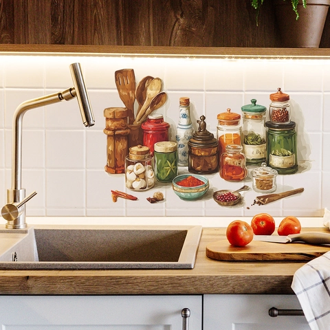 Kitchen Wall Stickers Vintage Hand Drawn Seasoning Jars Spices Pattern PVC Decorative Decals For Restaurant Dining Room Home