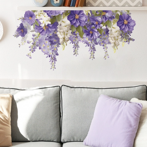 Lila Weiße Glyzinien Blumen Wandaufkleber PVC Abnehmbar Selbstklebend Pflanzen Blumen Decals Für Heim Küche Wanddeko