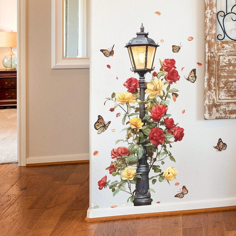 Pegatina de Pared Retro Farola Rosa Mariposa PVC Impermeable Autoadhesivo Calcomanía Para Sala de Estar Dormitorio Decoración