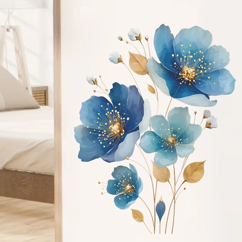 Stickers Muraux Fleurs Bleues Aquarelle Dorée PVC Imperméable Autocollant Décalcomanies Florales pour Déco Salon