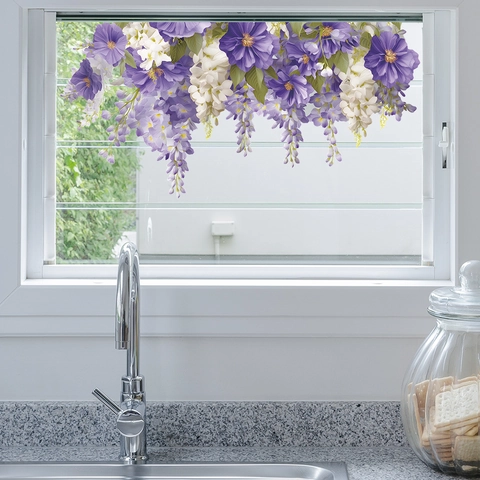 Lila Weiße Glyzinien Blumen Wandaufkleber PVC Abnehmbar Selbstklebend Pflanzen Blumen Decals Für Heim Küche Wanddeko
