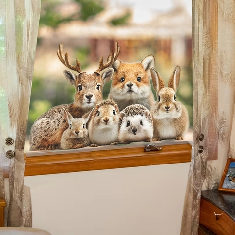 Adesivi per Vetrate Animali della Foresta Cervo Volpe Coniglio PVC Adesivi Decorativi per Porte in Vetro Casa Decor