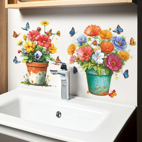 Frische Gänseblümchen Blumentopf Schmetterlinge Wandaufkleber PVC Abnehmbare Blumen Dekore Für Küche Bad Haus Deko