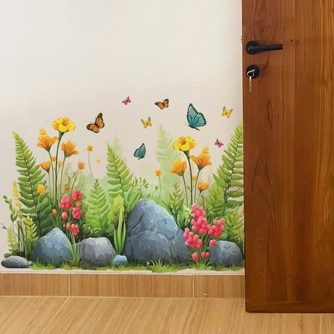 Aquarell Garten Blume Schmetterling Wandaufkleber PVC Selbstklebend Fußleiste Wandbild Blumen Gras Farne Felsen Haus Deko