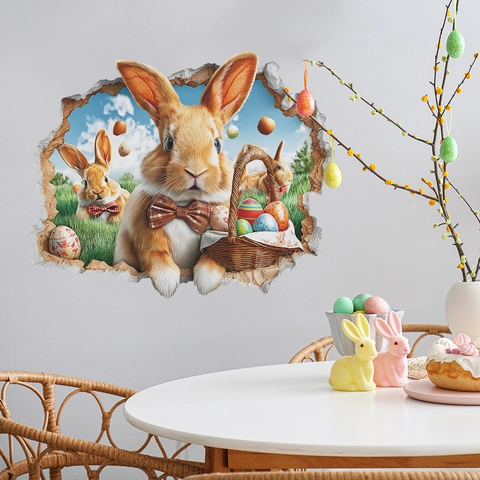 Easter 3D Broken Wall Bunny And Colored Eggs PVC Wall Sticker Removable Decorative Holiday Decal For Living Room Bedroom
