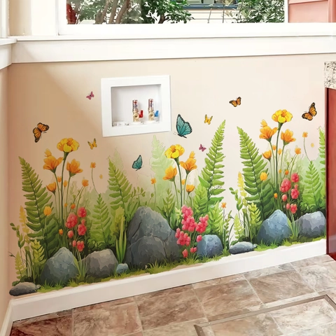Aquarell Garten Blume Schmetterling Wandaufkleber PVC Selbstklebend Fußleiste Wandbild Blumen Gras Farne Felsen Haus Deko