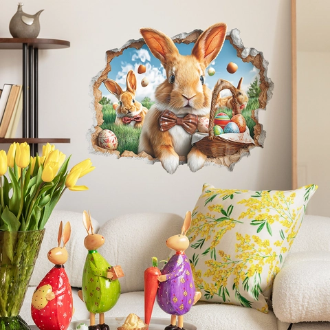 Easter 3D Broken Wall Bunny And Colored Eggs PVC Wall Sticker Removable Decorative Holiday Decal For Living Room Bedroom