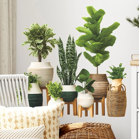 Adesivi Murali Piante Verdi in Vaso 3D PVC Autoadesivo Removibile Stile Nordico Decalcomanie Murali Decorative Soggiorno Camera