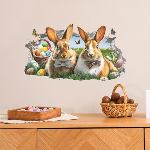 3D Cracked Wall Easter Bunny Wall Sticker Removable PVC Decal For Living Room Bedroom Self Adhesive Festival Mural Decor