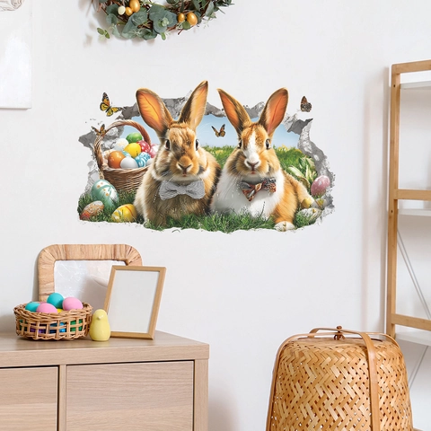 3D Cracked Wall Easter Bunny Wall Sticker Removable PVC Decal For Living Room Bedroom Self Adhesive Festival Mural Decor